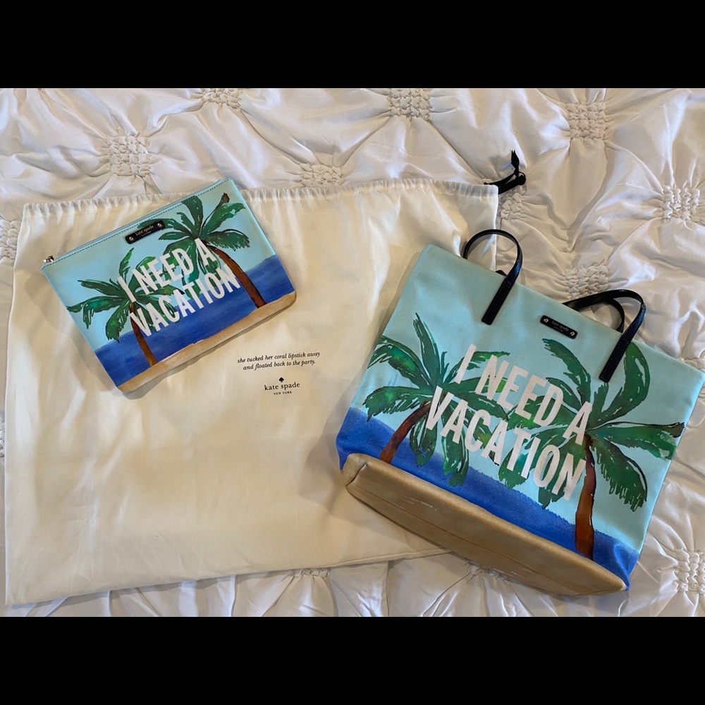 Kate Spade “I need a vacation” tote & clutch